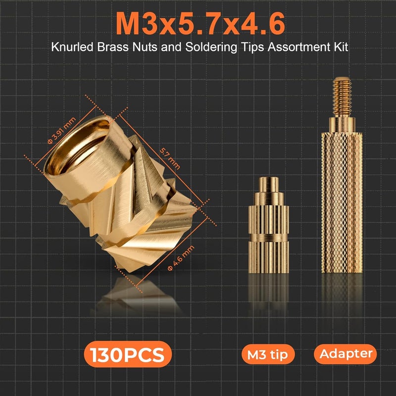 INCLY 130PCS M3 Heat Set Inserts, with Soldering Iron Tip and Adapter, M3x5.7 Female Thread Metric Knurled Nuts Assortment Kit, Brass Threaded Inserts for Plastic 3D Printing Components - Image 2